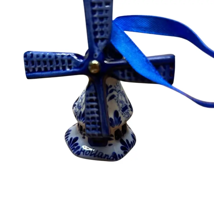 Pair Of Hand painted Deco Holland Ornaments Dutch Windmill @3 1/2” Tall Merry Christmas Porcelain Ornament With Painted Windmill @ 4” Long