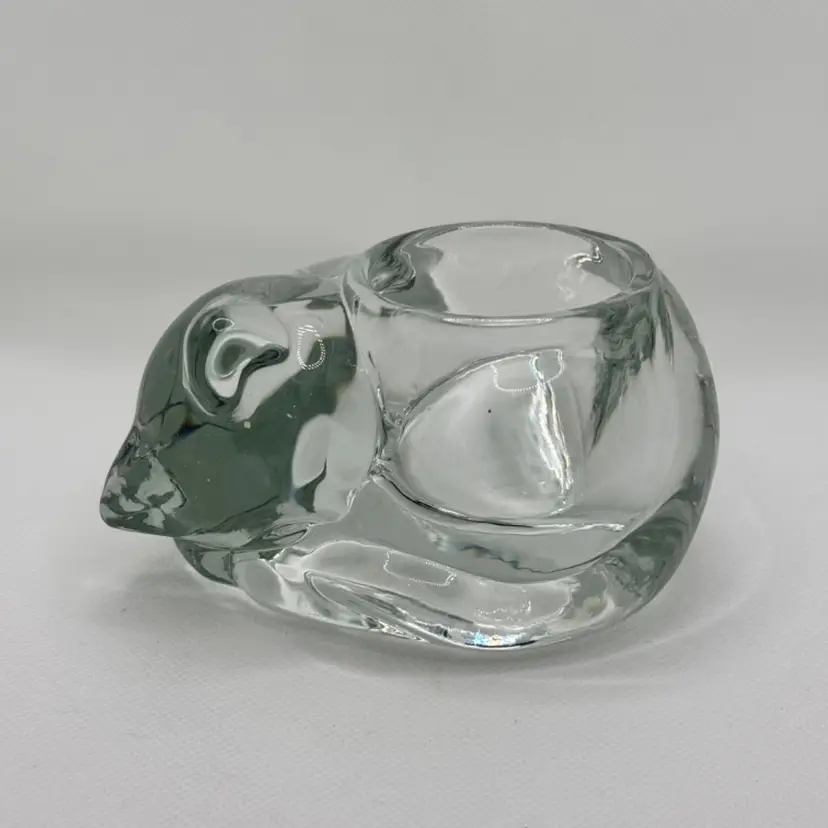 Vintage Indiana Glass Company Clear Sleeping Cat Kitten Votive Candle Holder Or Paperweight, Made In USA.