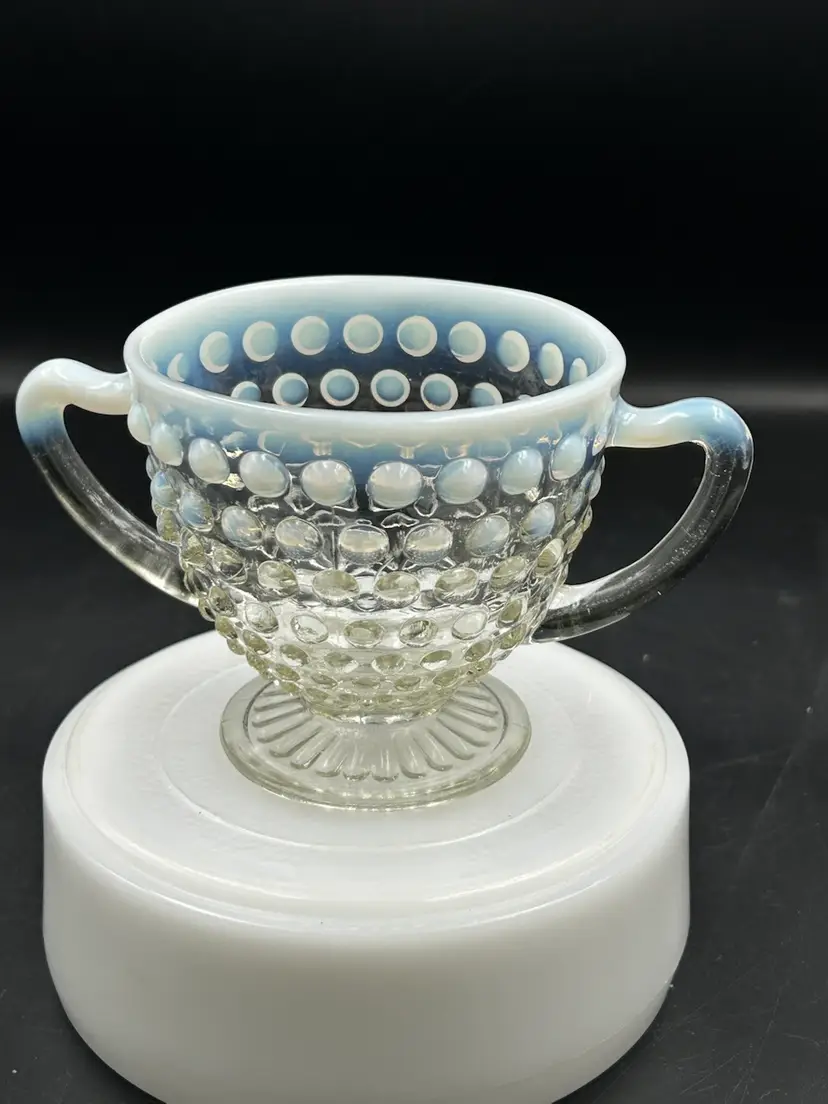 Vintage Opalescent Moonstone, Hob Nail Glass Double Handled Sugar Bowl