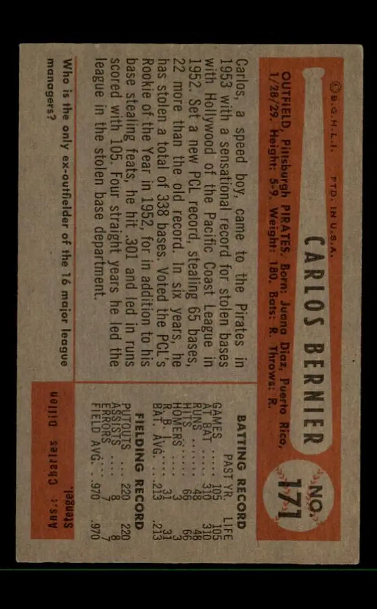 1954 Bowman #171 Carlos Bernier - (pk-tl3) - Pittsburgh Pirates
