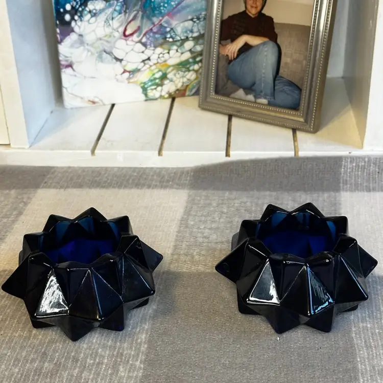 Vintage Set Of 2 Indiana Glass Cobalt Blue Starburst Votive Holders
