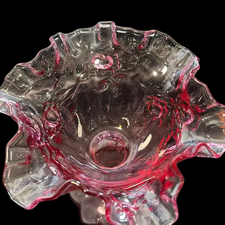 Vintage Fenton Glass Cabbage Rose pink pedestal compote dish. 6.5” Stamped