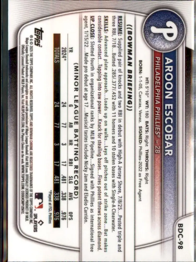 2025 Bowman Draft #BDC-98 Aroon Escobar Chrome - (138) - Philadelphia Phillies
