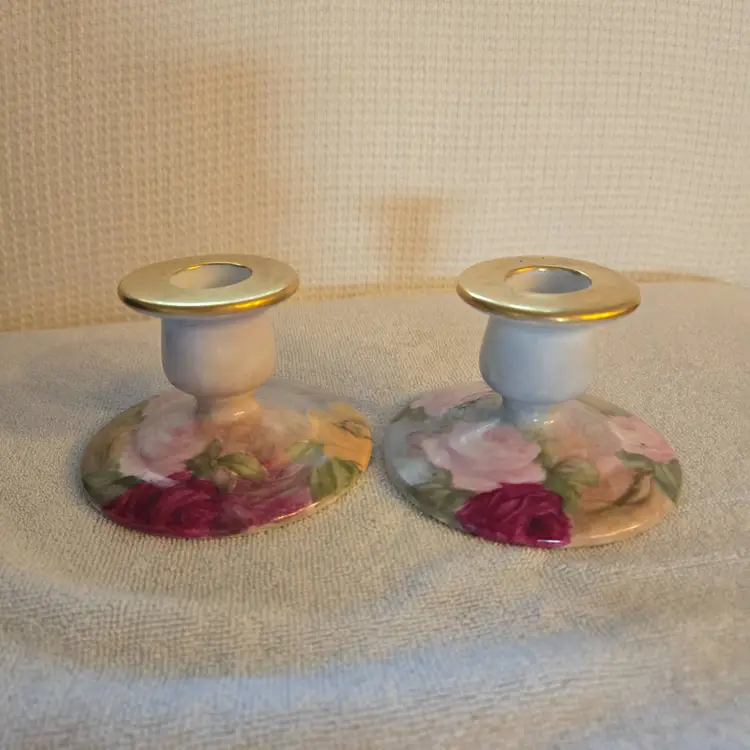 Vintage Porcelain Rose Candlestick Holders