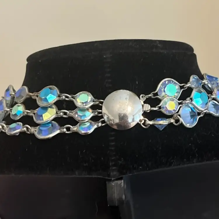 Beautiful Iridescent Blue Tome Crystal 3 Strand Necklace —Vintage