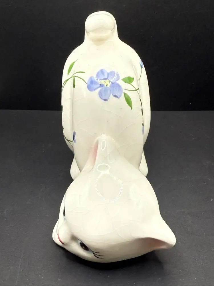 Ceramic Kitty Cat With Pretty Blue Flowers 5.5” Long