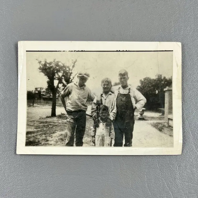 Vintage Snapshot Photo 4 Young Boys Siblings Overalls Outside Hat Unidentified