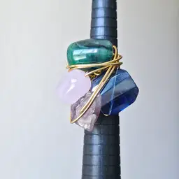 Adjustable Wire Wrapped Gold Tone Stone and Glass Bead Ring