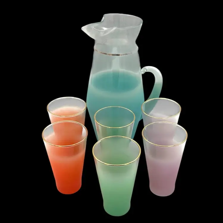 Vintage, Blendo "Atomic" Pitcher And Set Of 6 Glasses Frosted Pastel Colors