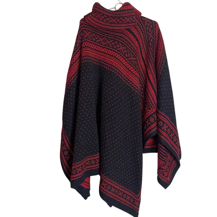 Polo Ralph Lauren Rugby Wool Poncho Cape Sweater Knit Fair Isle Nordic Red Black OSFA