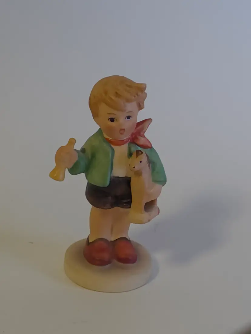 Vintage Hummel Boy With Horse 139/C Rocking Horse Trumpet c. 1967 Red Green Blue