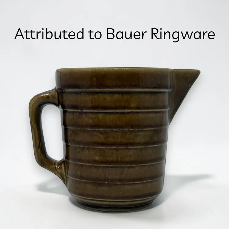 Brown Ribbed Stoneware Batter Pitcher | Bauer Ringware 1940s Farmhouse  (0054-26)