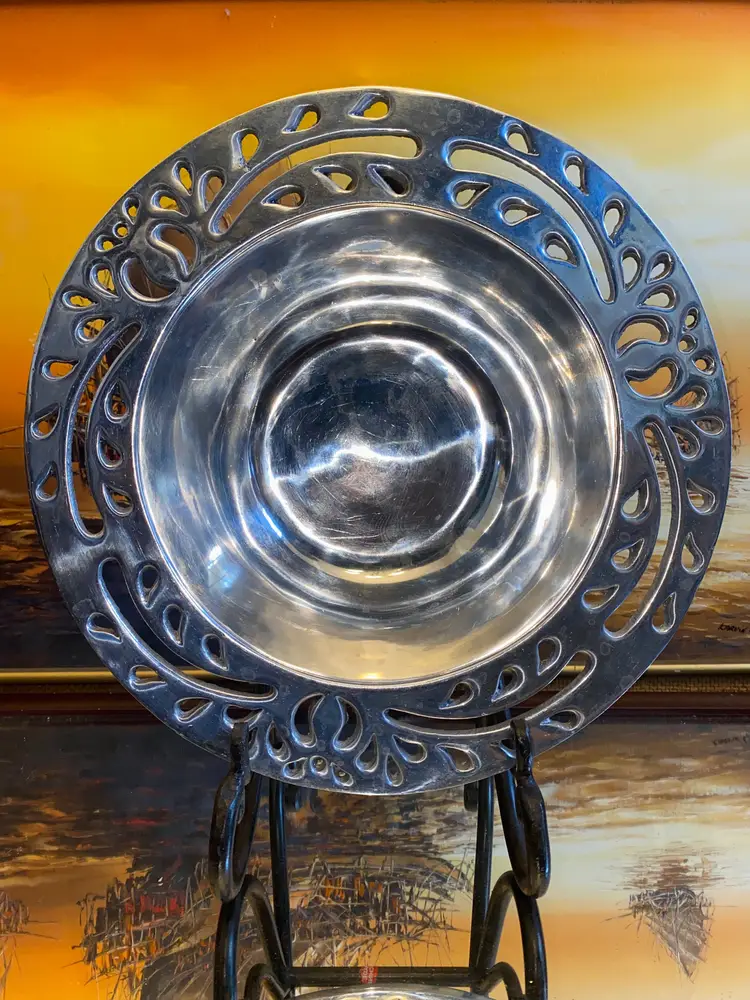 Vintage Large Cutout Serving Bowl | Silver Metal Pewter | Made in Mexico