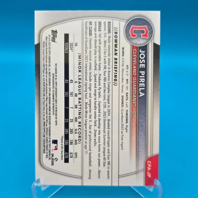 Jose Pirela 2025 Bowman Chrome Prospect 1st Bowman Auto Orange Wave 13/25 Cleveland Guardians