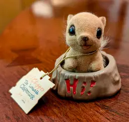 Josef Original George Good  Lil'Chipper Flocked Chipmunk In Tree Truck - Miniature Figurine - Original Tag - Japan