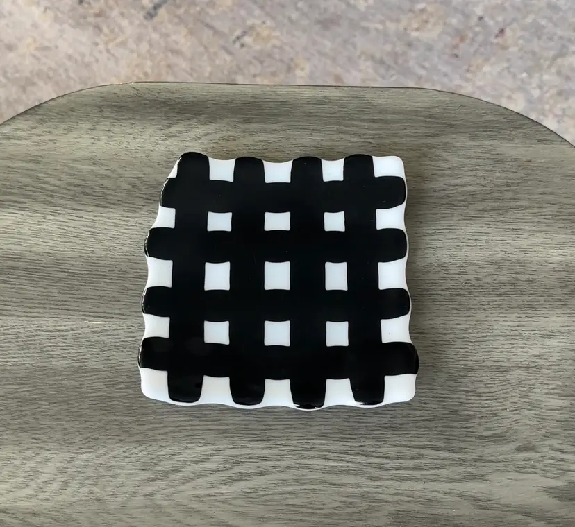 Black White Checkered Square Dish Scalloped Edge Trinket Plate