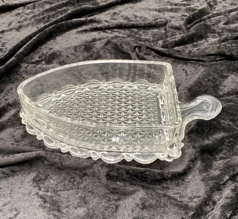 Vintage MCM Imperial Glass Clear Flat Iron Candy Dish, Three-Footed, Embossed Diamond