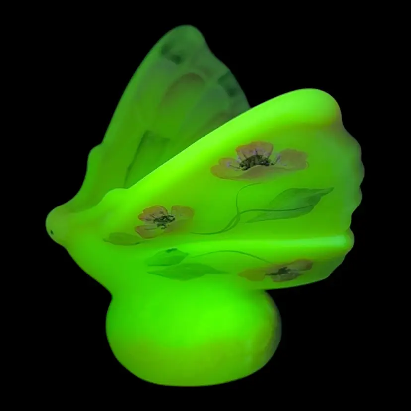 Fenton Burmese Glass Butterfly Figurine, Fenton Glass Hand Painted Poppies Butterfly Figurine Signed By S. Hart, Signed Fenton Glass, Uranium Glass, Uranium Glass Fenton Figurine, UV Glowy Glass, Vintage Fenton Glass