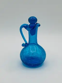 Vintage Rainbow Blue Crackle Glass Cruet with Stopper Oil Vinegar Handblown