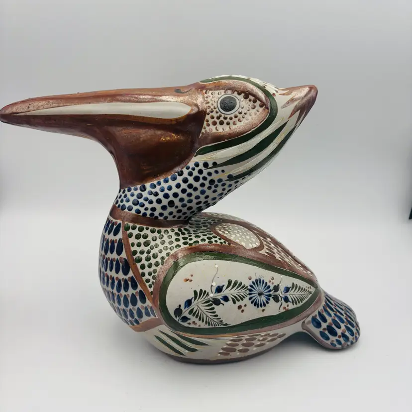 Vintage Mexican Folk Art Tonala Santana Pelican BIRD Hand Painted Signed Large