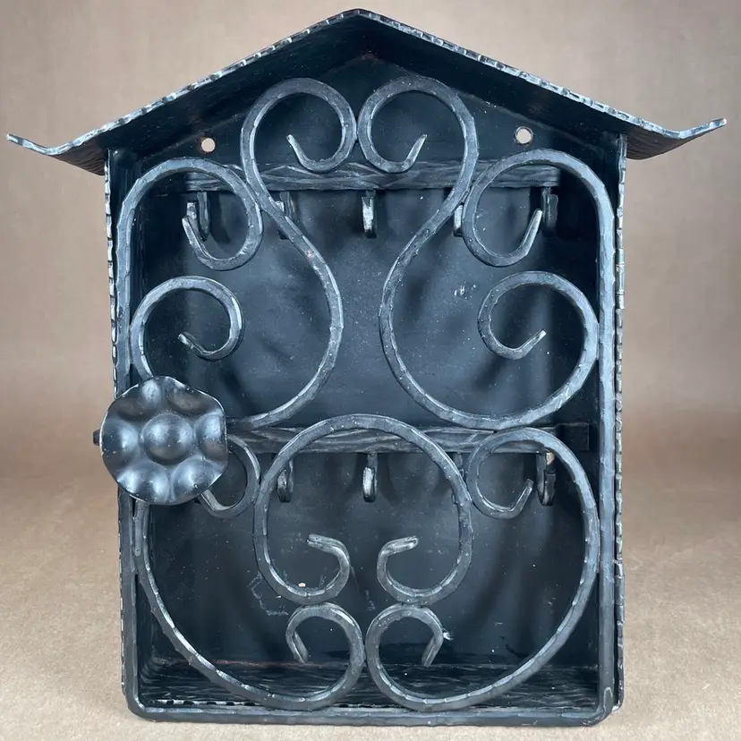 Black Wrought Iron Metal Work Hinged Door 10 Key Cabinet Wall Decor