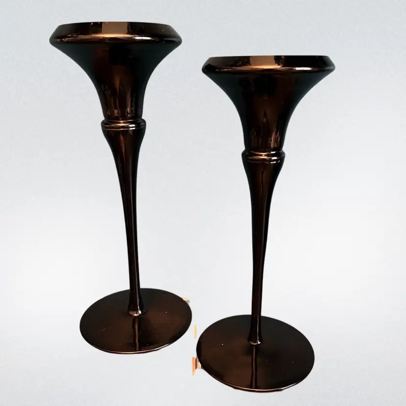 VTG ‘85 Oneida “Minx” Pair Black Amethyst Candlesticks 9 5/8" ~ Art Deco Style