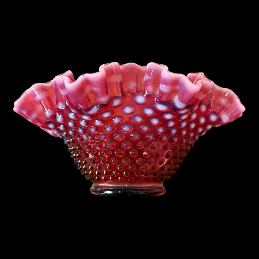 Fenton Plum Opalescent Hobnail Double Crimp Bowl 9.5”x5”