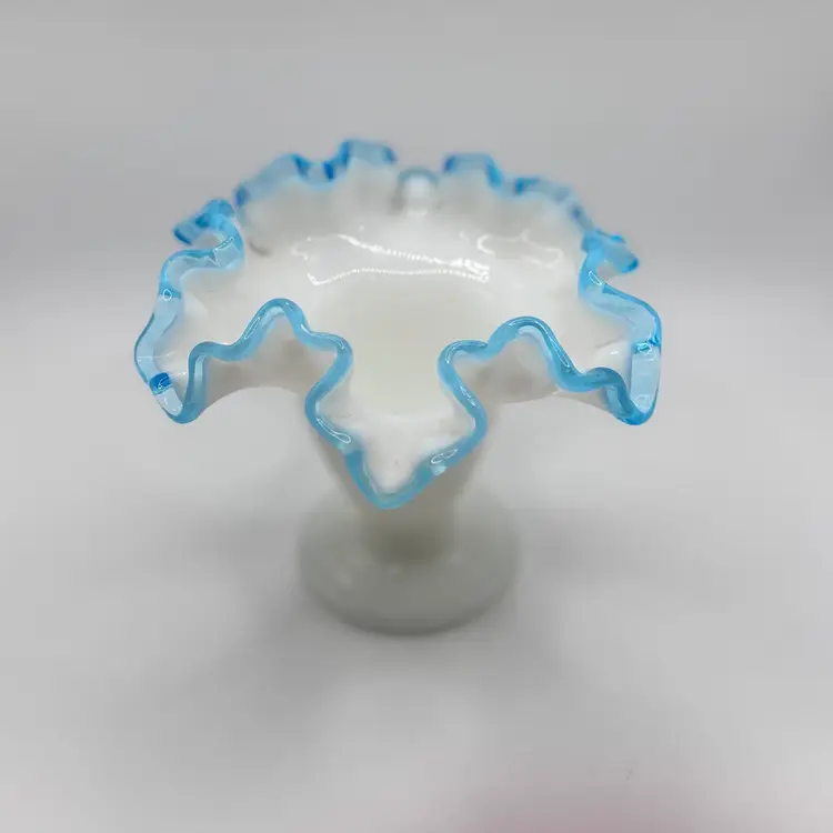 Fenton Blue Aqua Ruffled-Edge 4" Milk Glass Vase