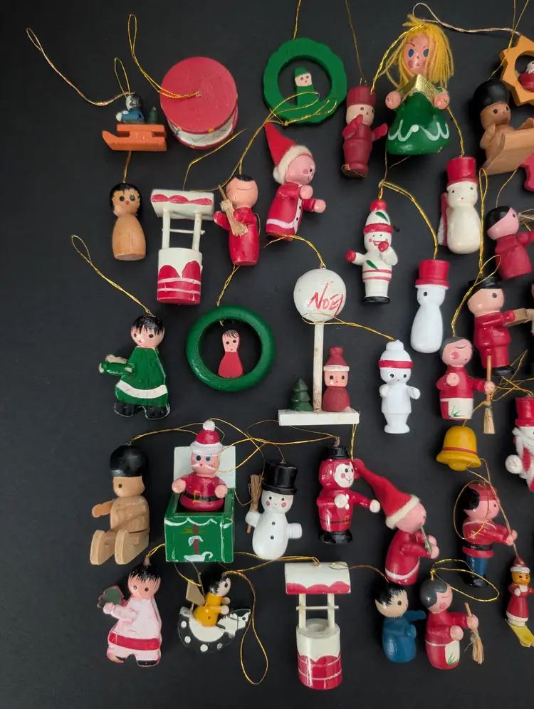 Vintage Wooden Christmas Ornaments Lot Of 60+ Snowmen Santas Trees Angels