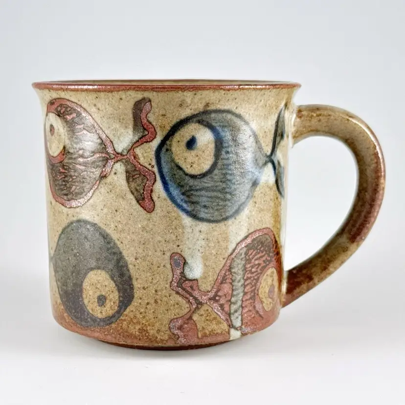 Otagiri Big Eye Swimming Blue & Brown Fish Mug, Speckled Stoneware Coffee Cup, Vintage Made in Japan