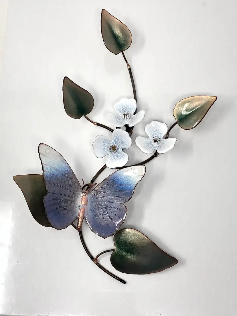 Bovano of Cheshire Butterfly and Blossoms Enamel on Copper Wall Art