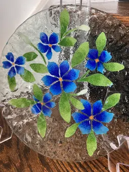 Vintage Signed Blue Periwinkle Art Glass Fused Floral Plate