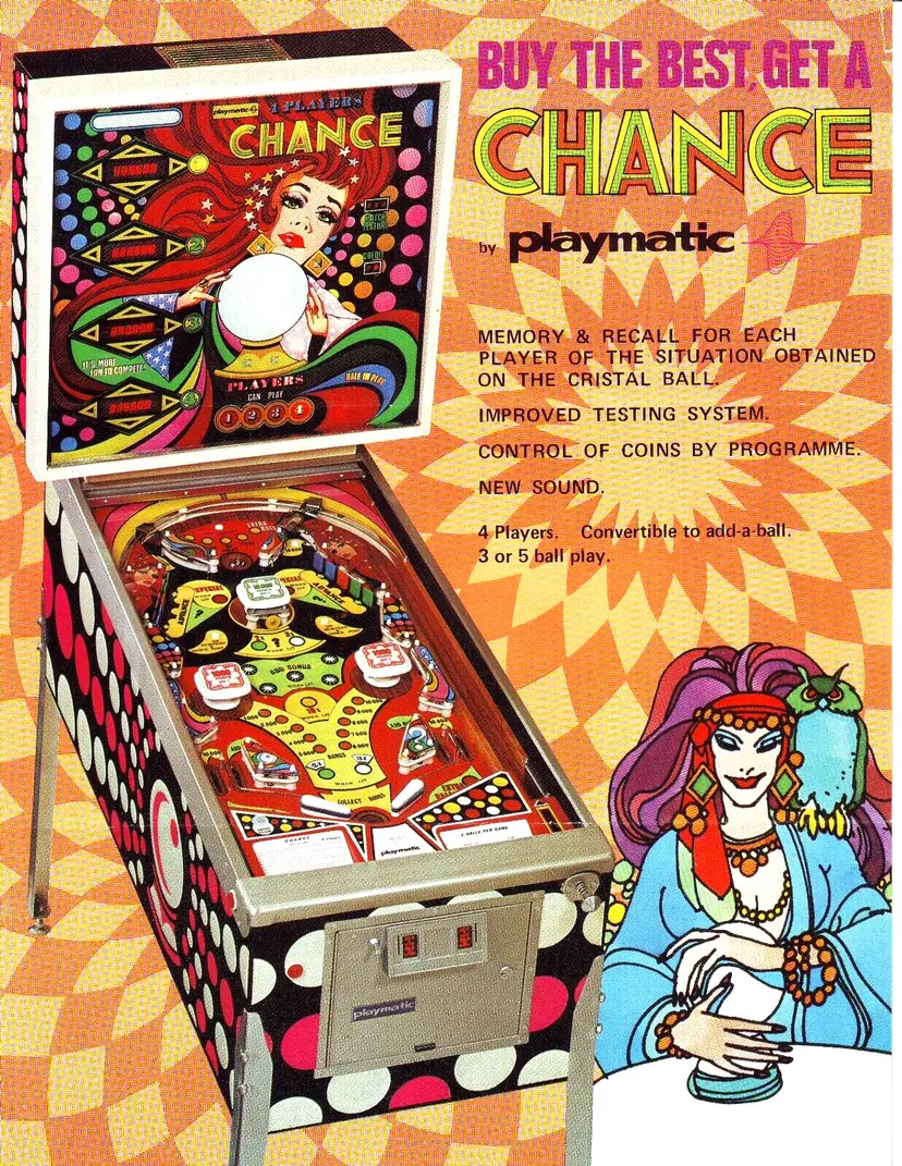 Chance Pinball Flyer Original Vintage Retro Art 1978 Playmatic Fortune Teller