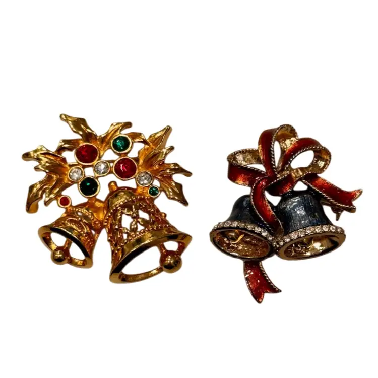 Vintage Lot (2) Signed GoldTone Christmas Bell Brooches Pave Rhinestone Crystals 1 Monet & 1 Avon