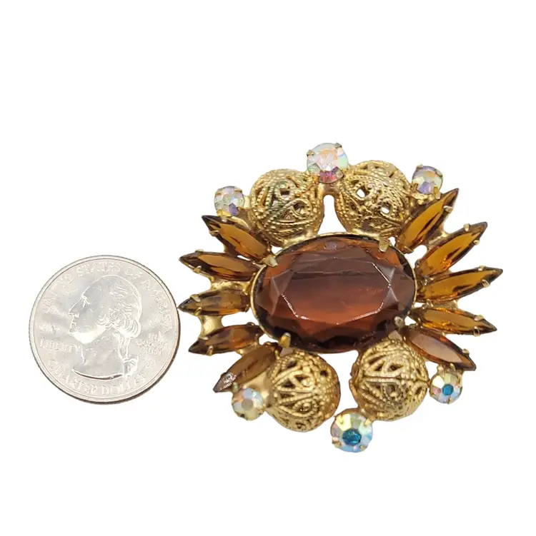 Juliana Delizza & Elster Vintage Gold Tone Topaz AB Rhinestone Brooch