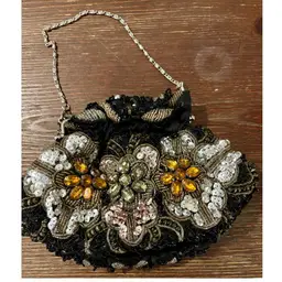 Sabrina Multi Beaded Chain Handle Black Kiss Clasp Pouch Evening Bag 9”