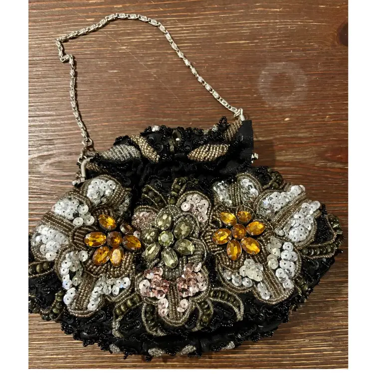 Sabrina Multi Beaded Chain Handle Black Kiss Clasp Pouch Evening Bag 9”