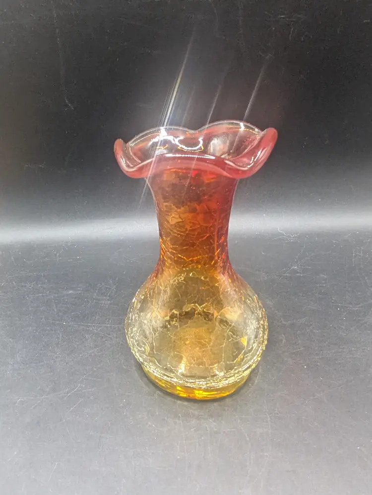 Vintage Crackle Glass Amberina Vase With Base UV Reactive Glow 4.5" Tall