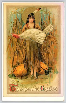Postcard Thanksgiving Greeting Native American Woman with Turkey Repro  - 14604