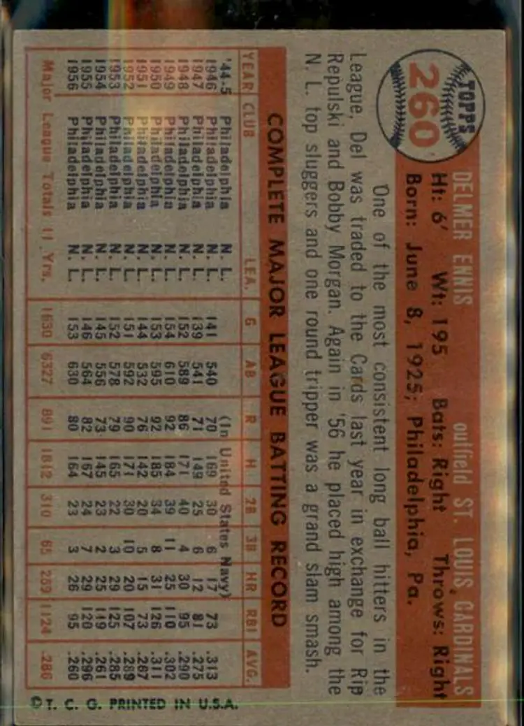 1957 Topps #260 Del Ennis - ( pk1 ) - St. Louis Cardinals