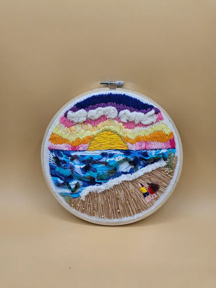 8" Crewel Sunset Beach Scene on Embroidery Hoop