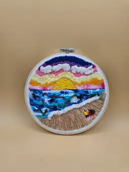 8" Crewel Sunset Beach Scene on Embroidery Hoop