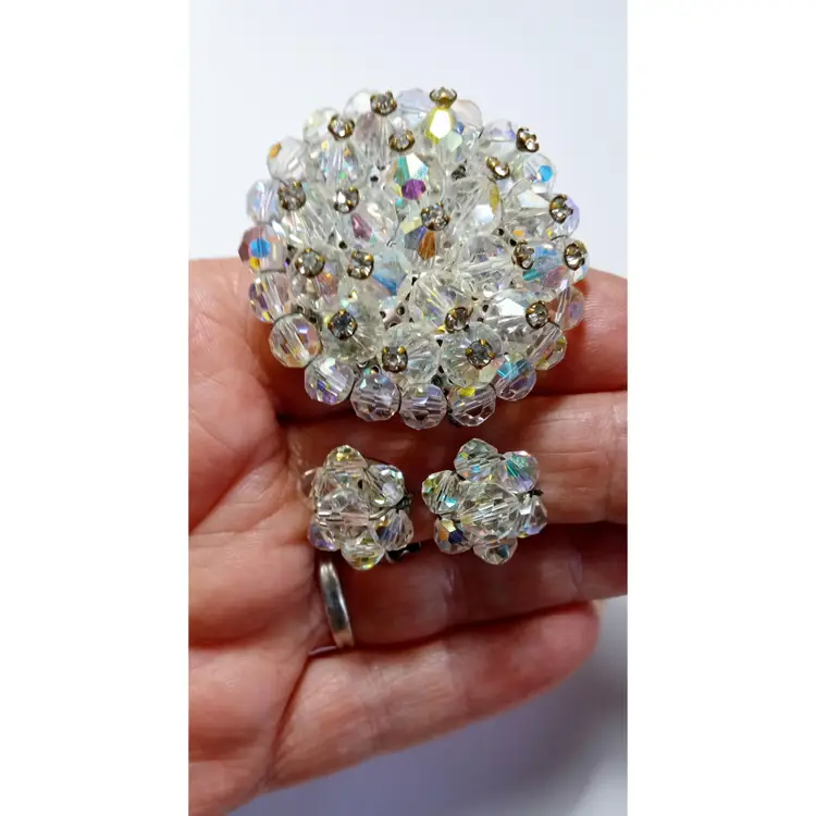 Aurora Borealis Crystals Hand Wired Brooch & Clip On Earrings. Vintage Estate circa 1950's-60's