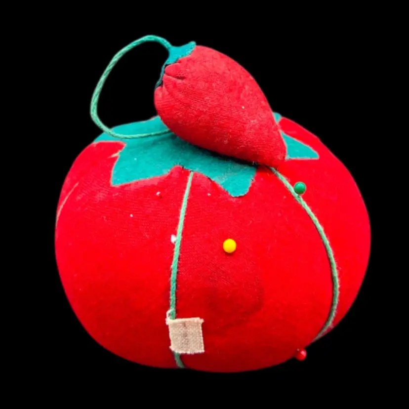 #198A Vintage Tomato Pin Cushion with Strawberry Attachment Sewing Accessory
 2 3/4”