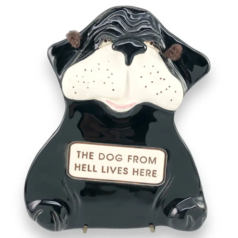 Smoky Mountain Pottery, “The Dog From Hell Lives Here” Hand-Painted Ceramic Wall Plaque, Vintage Made in USA