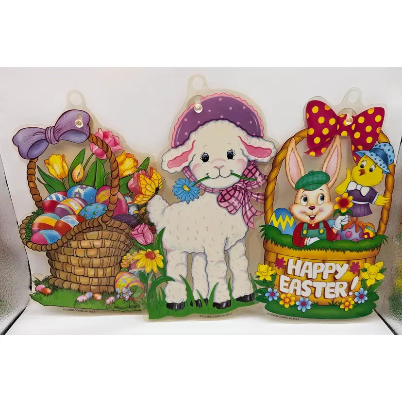 Set of 3 Vintage Color Clings Plastic Easter Window Decorations