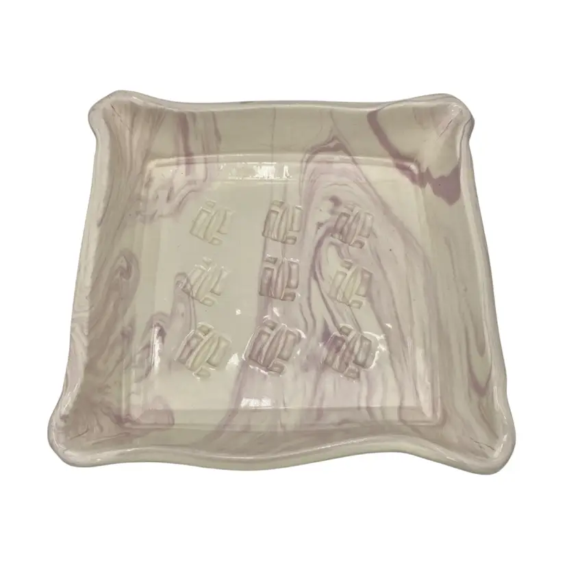 Signed Studio Pottery Square Dish, Purple & Cream Marbled, Embossed/Stamped, 6"