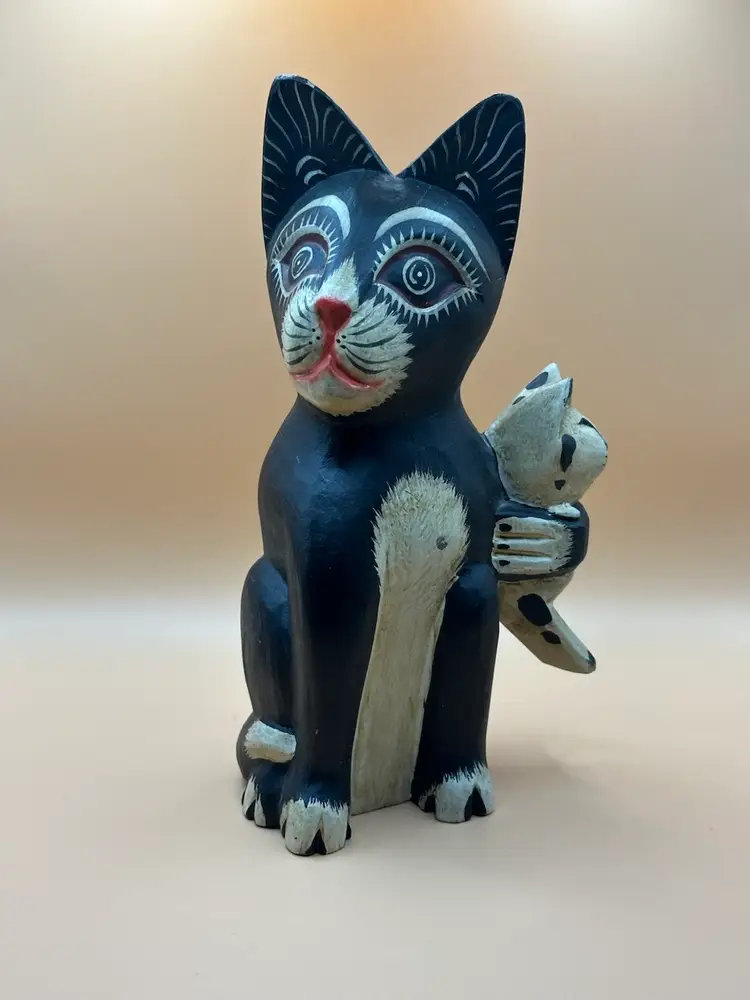 Folk Art Cat Wood Statue Figure Carved Black Holding White Spotted Kitten 8.5in