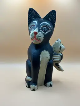 Folk Art Cat Wood Statue Figure Carved Black Holding White Spotted Kitten 8.5in