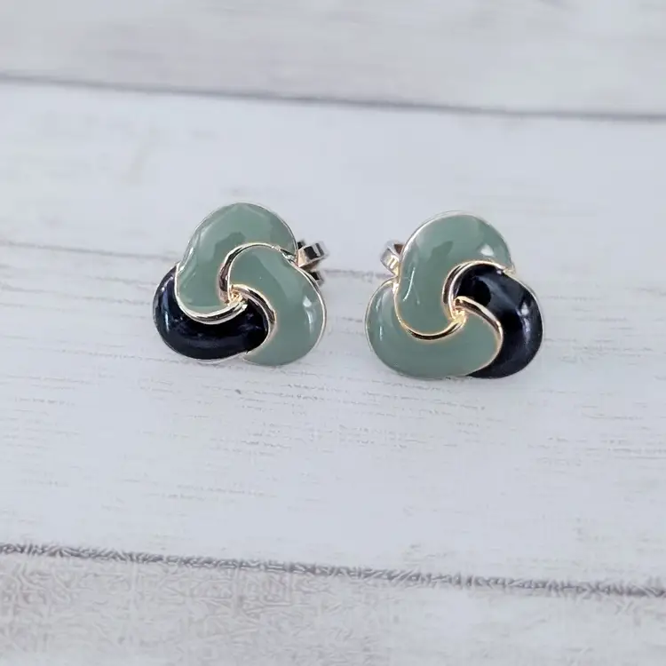 Vintage Clip On Earrings 0.25" Dainty Muted Green & Dark Blue Classy